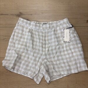 Laura Ashley Tan White Checked High-Waisted Shorts 100% Linen Medium Cottagecore